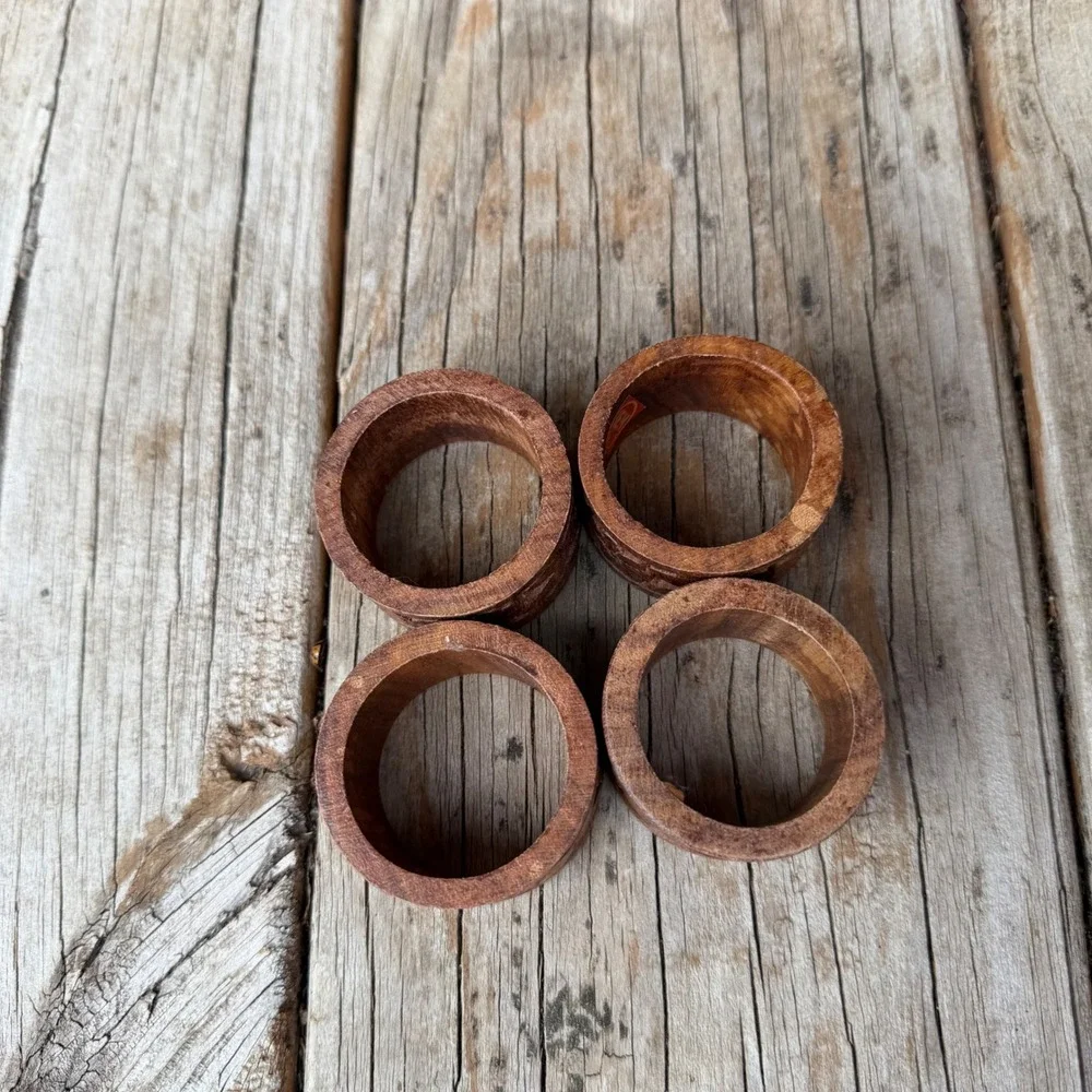 Vtg IEH Hand Carved Wood Napkin Rings Set of 4 Brown Floral Boho Dining